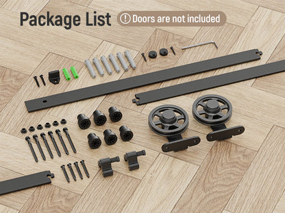 Schiebetürbeschlag 244cm Schiebetüren Schiebetürsystem Komplettset Laufschiene Rollen Set Schwarz für 1 Holztür 122cm Breit, Mittlere Rolle in T-Form