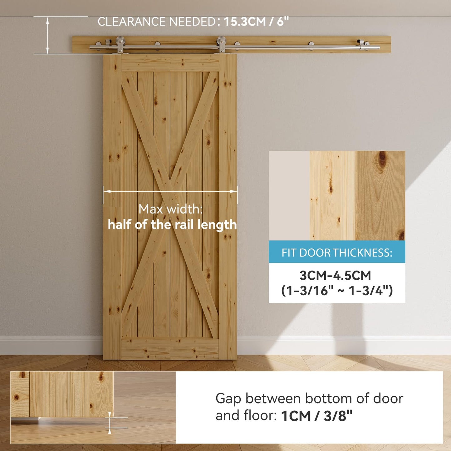 Schiebetürbeschlag Edelstahl 212cm Schiebetüren Schiebetürsystem Komplettset Laufschiene Rollen Set für 1 Holztür 106cm Breit, T Form