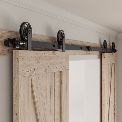 Schiebetürbeschlag Doppeltür 325cm Schiebetüren Schiebetürsystem Komplettset Laufschiene Rollen Set Schwarz für 2 Holztür 81cm Breit, Mittlere Rolle in T-Form