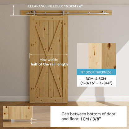 Schiebetürbeschlag Edelstahl 122cm Schiebetüren Schiebetürsystem Komplettset Laufschiene Rollen Set für 1 Holztür 61cm Breit, T Form