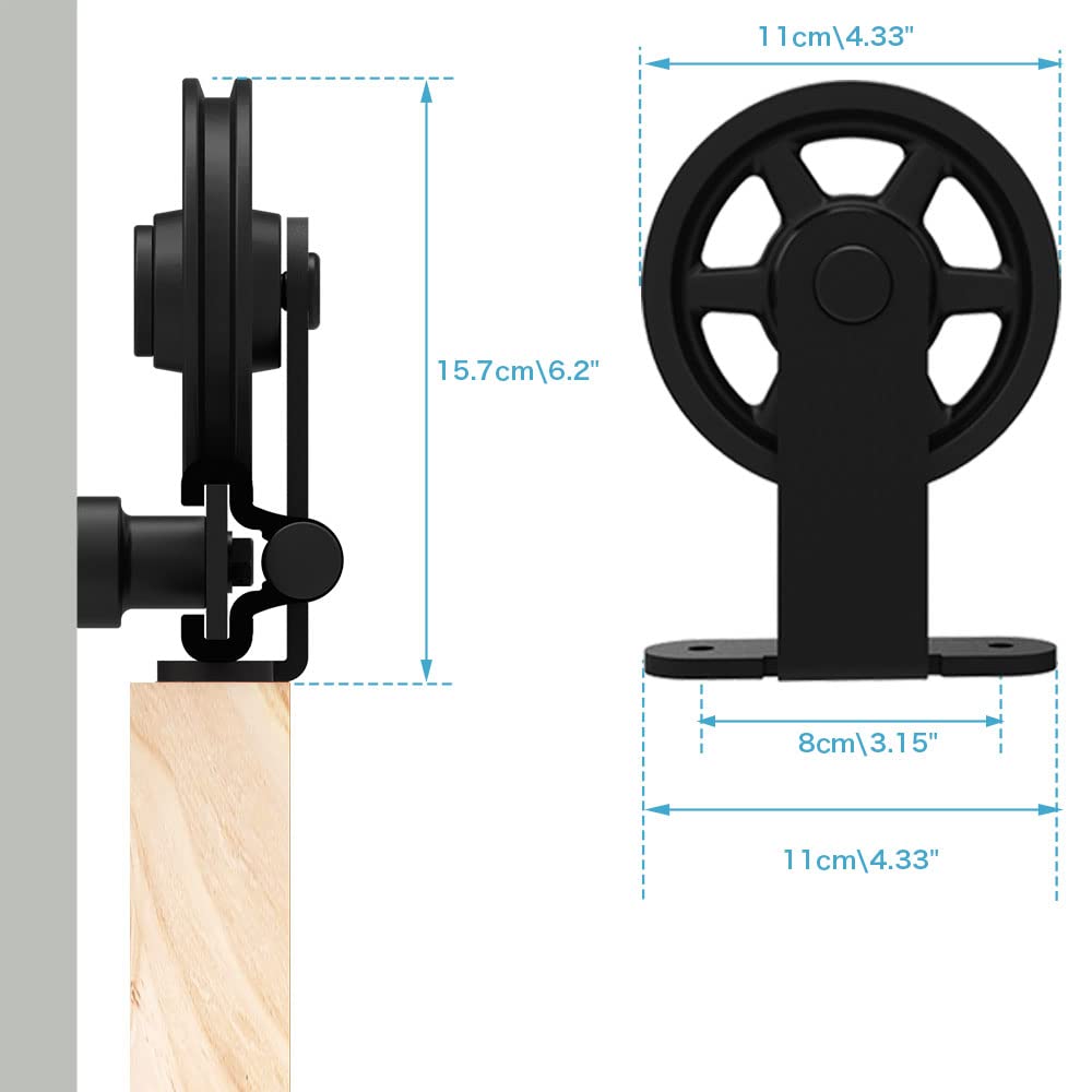 Schiebetürbeschlag 244cm Schiebetüren Schiebetürsystem Komplettset Laufschiene Rollen Set Schwarz für 1 Holztür 122cm Breit, Mittlere Rolle in T-Form