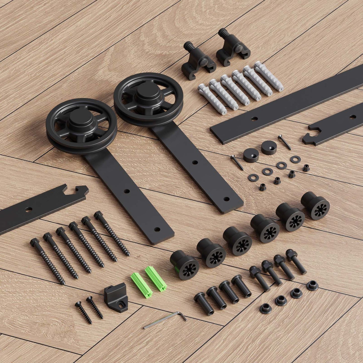 Schiebetürbeschlag 153cm Schiebetüren Schiebetürsystem Komplettset Laufschiene Rollen Set Schwarz für 1 Holztür 76cm Breit, Mittlere Rolle in I-Form