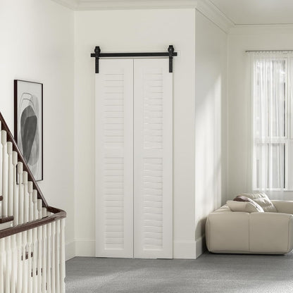 BONIKLUBA Bi-Folding Sliding Barn Door Hardware Track Kit,Smoothly&Quietly,Side Mounted Black Roller,Easy Install,Door Not Included