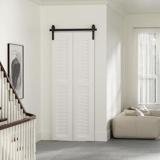 BONIKLUBA Faltschiebetür-Beschlag-Set für Scheunentore, leichtgängig und geräuscharm, seitlich montierte schwarze Rollen, einfache Montage, Tür nicht enthalten