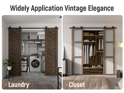 Schiebetürbeschlag Doppeltür 366cm Schiebetüren Schiebetürsystem Komplettset Laufschiene Rollen Set Schwarz für 2 Holztür 91cm Breit, Kleine Rolle in T-Form