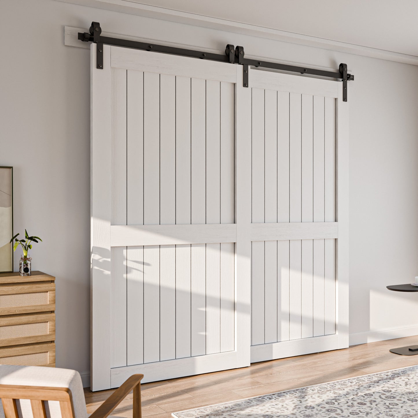 Schiebetürbeschlag Bypass Doppeltür 203cm Schiebetüren Schiebetürsystem Komplettset Laufschiene Rollen Set Schwarz für 2 Holztür 95cm Breit, J-Form