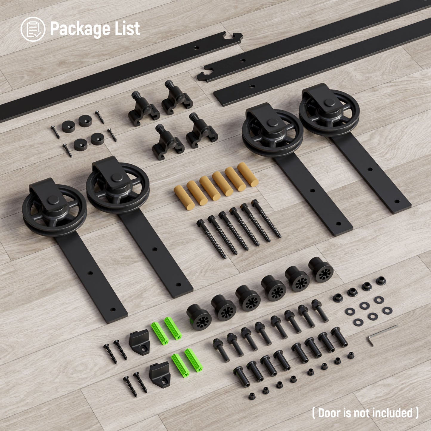Schiebetürbeschlag Doppeltür 366cm Schiebetüren Schiebetürsystem Komplettset Laufschiene Rollen Set Schwarz für 2 Holztür 91cm Breit, Mittlere Rolle in J-Form