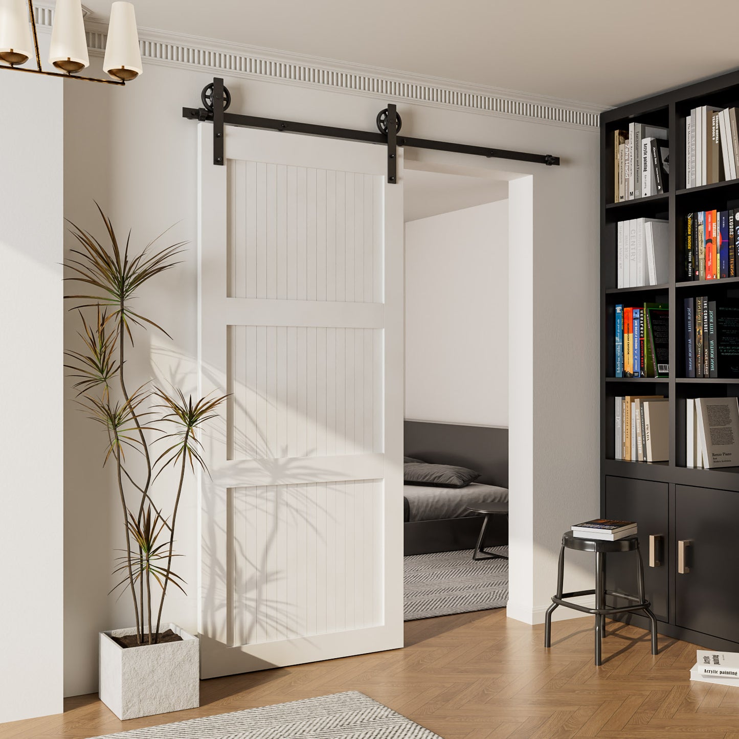 Schiebetürbeschlag 153cm Schiebetüren Schiebetürsystem Komplettset Laufschiene Rollen Set Schwarz für 1 Holztür 76cm Breit, Mittlere Rolle in I-Form