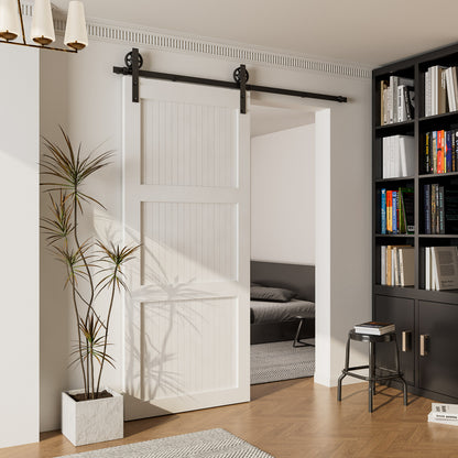 Schiebetürbeschlag 153cm Schiebetüren Schiebetürsystem Komplettset Laufschiene Rollen Set Schwarz für 1 Holztür 76cm Breit, Mittlere Rolle in I-Form