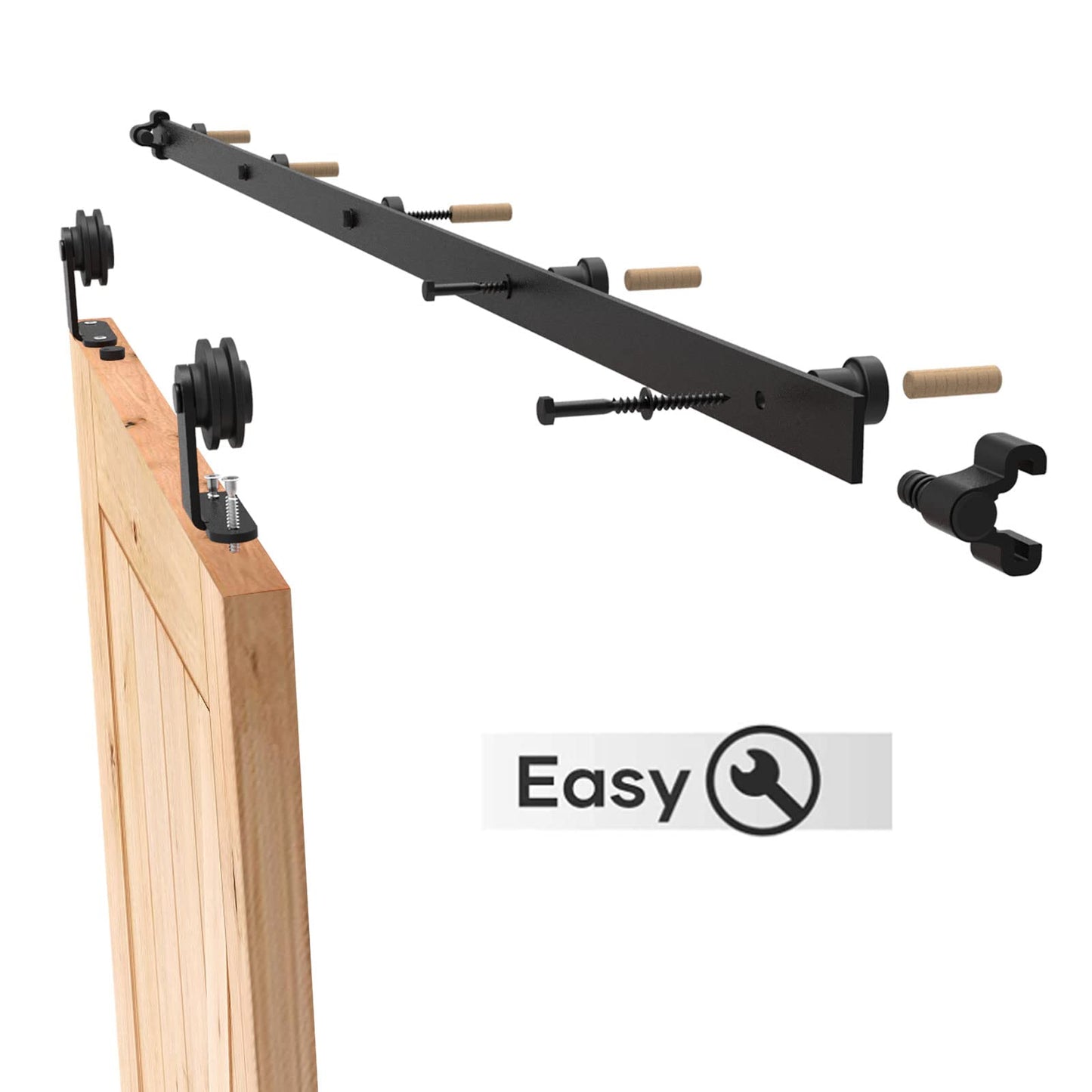 Schiebetürbeschlag 173cm Schiebetüren Schiebetürsystem Komplettset Laufschiene Rollen Set Schwarz für 1 Holztür 86cm Breit, Kleine Rolle in T-Form