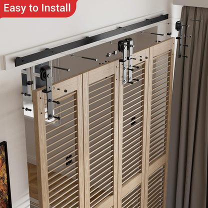 214cm/7FT Bifold Schiebetürbeschlag Schiebetüren Schiebetürsystem Komplettset Laufschiene Rollen Set Schwarz für 4 Holztür 52cm Breit