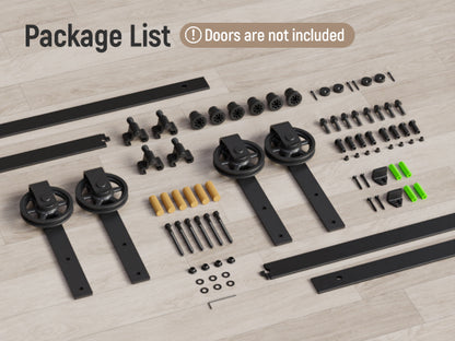 Schiebetürbeschlag Doppeltür 366cm Schiebetüren Schiebetürsystem Komplettset Laufschiene Rollen Set Schwarz für 2 Holztür 91cm Breit, Mittlere Rolle in J-Form