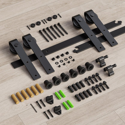 Schiebetürbeschlag Doppeltür 366cm Schiebetüren Schiebetürsystem Komplettset Laufschiene Rollen Set Schwarz für 2 Holztür 91cm Breit, Kleine Rolle in J-Form