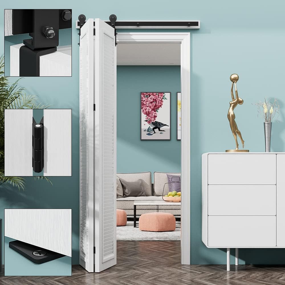 BONIKLUBA 60" Bi-Folding Barn Sliding Door Hardware Track Kit Fit 2X29" Door Wide Panels-Smoothly&Quiet for 2 Doors[No Door]