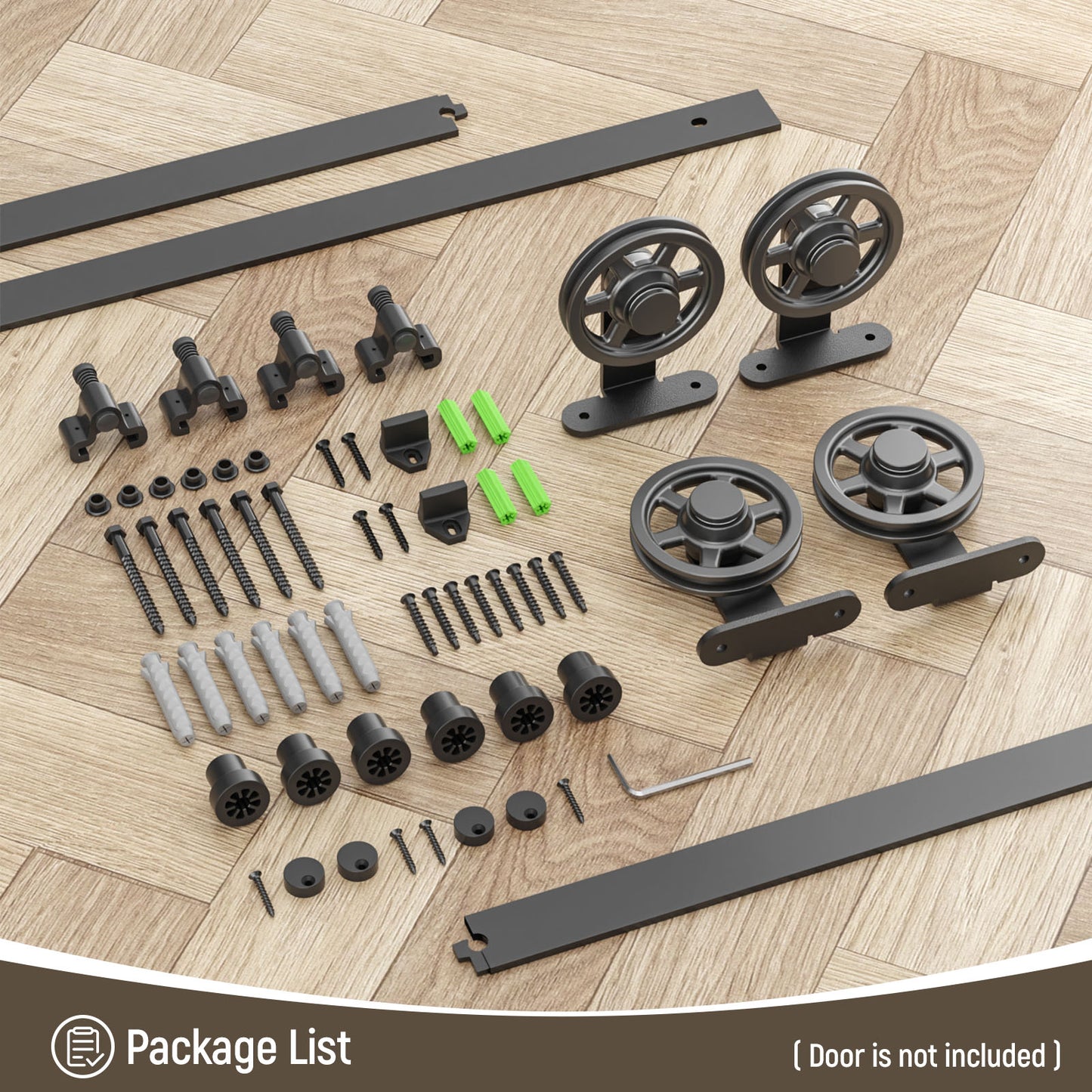 Schiebetürbeschlag Doppeltür 325cm Schiebetüren Schiebetürsystem Komplettset Laufschiene Rollen Set Schwarz für 2 Holztür 81cm Breit, Mittlere Rolle in T-Form