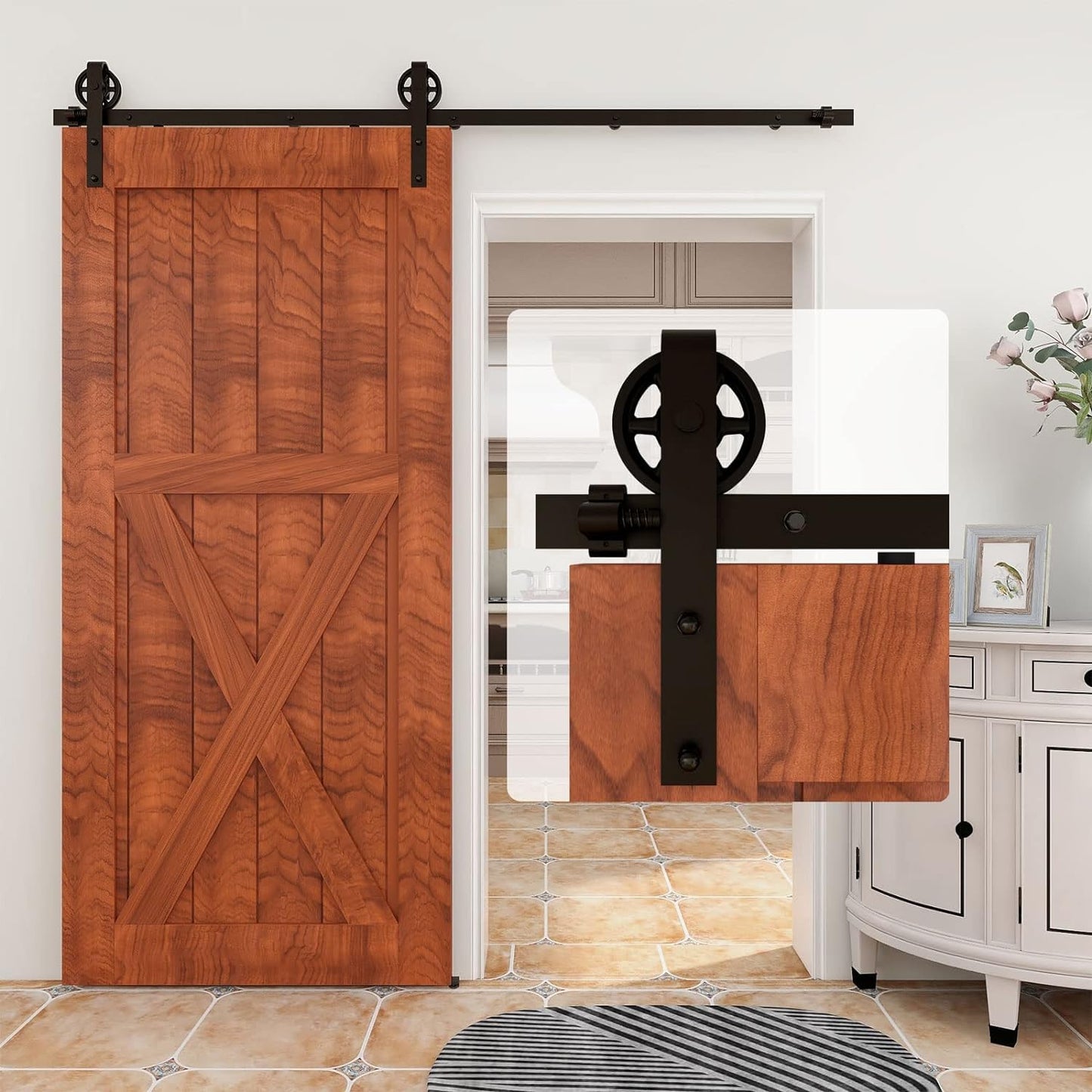 Schiebetürbeschlag 203cm Schiebetüren Schiebetürsystem Komplettset Laufschiene Rollen Set Schwarz für 1 Holztür 101cm Breit, Mittlere Rolle in J-Form