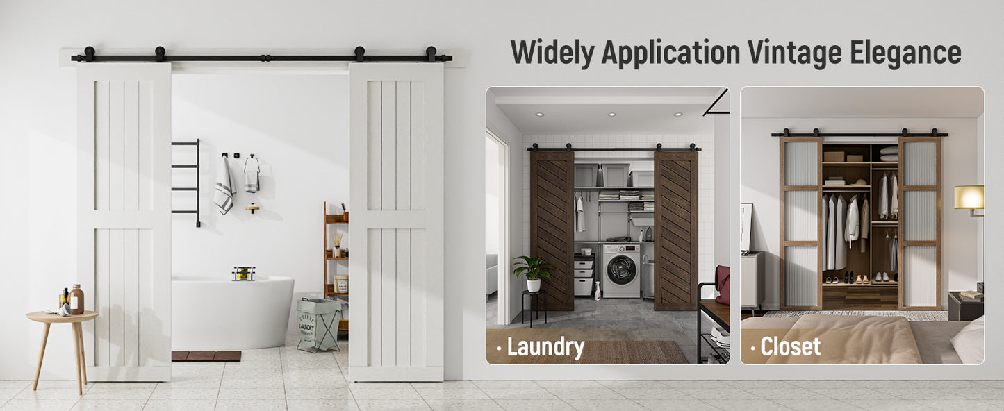 Schiebetürbeschlag Doppeltür 244cm Schiebetüren Schiebetürsystem Komplettset Laufschiene Rollen Set Schwarz für 2 Holztür 61cm Breit, Kleine Rolle in T-Form