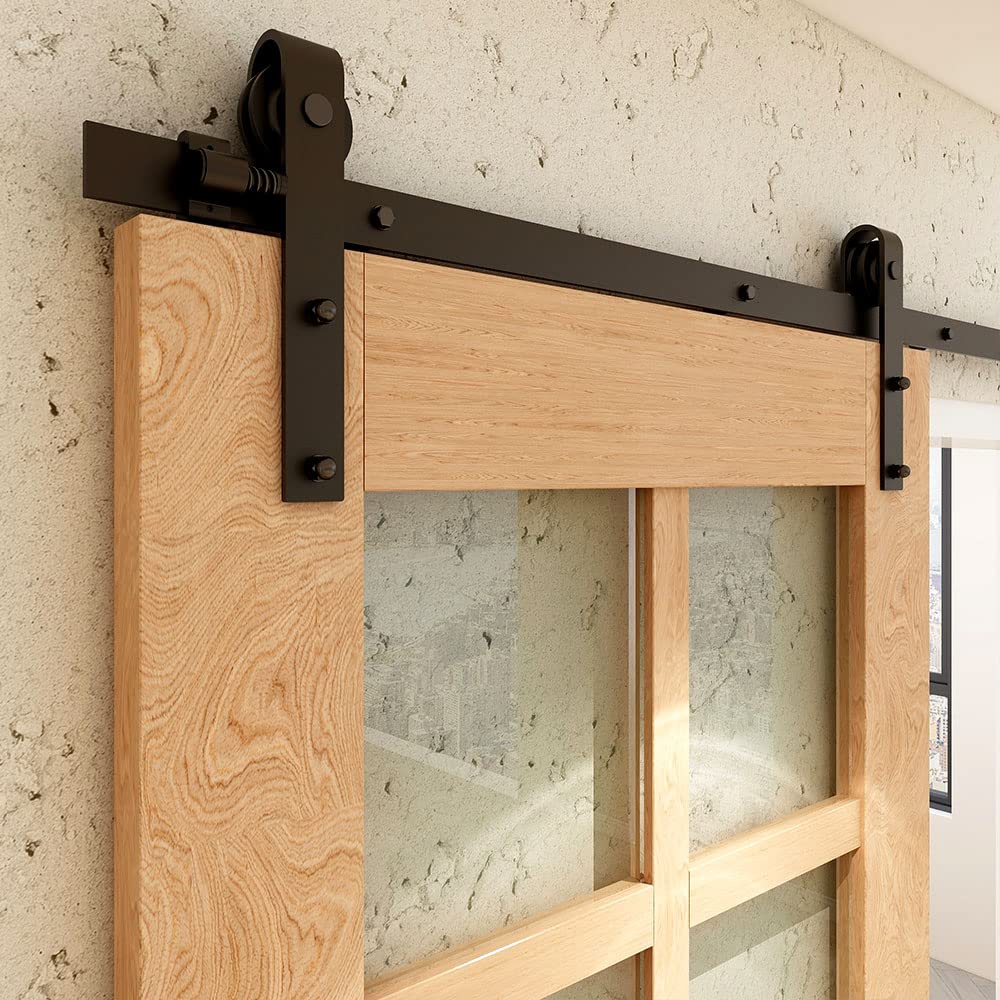 Schiebetürbeschlag Doppeltür 396cm Schiebetüren Schiebetürsystem Komplettset Laufschiene Rollen Set Schwarz für 2 Holztür 99cm Breit, Kleine Rolle in J-Form