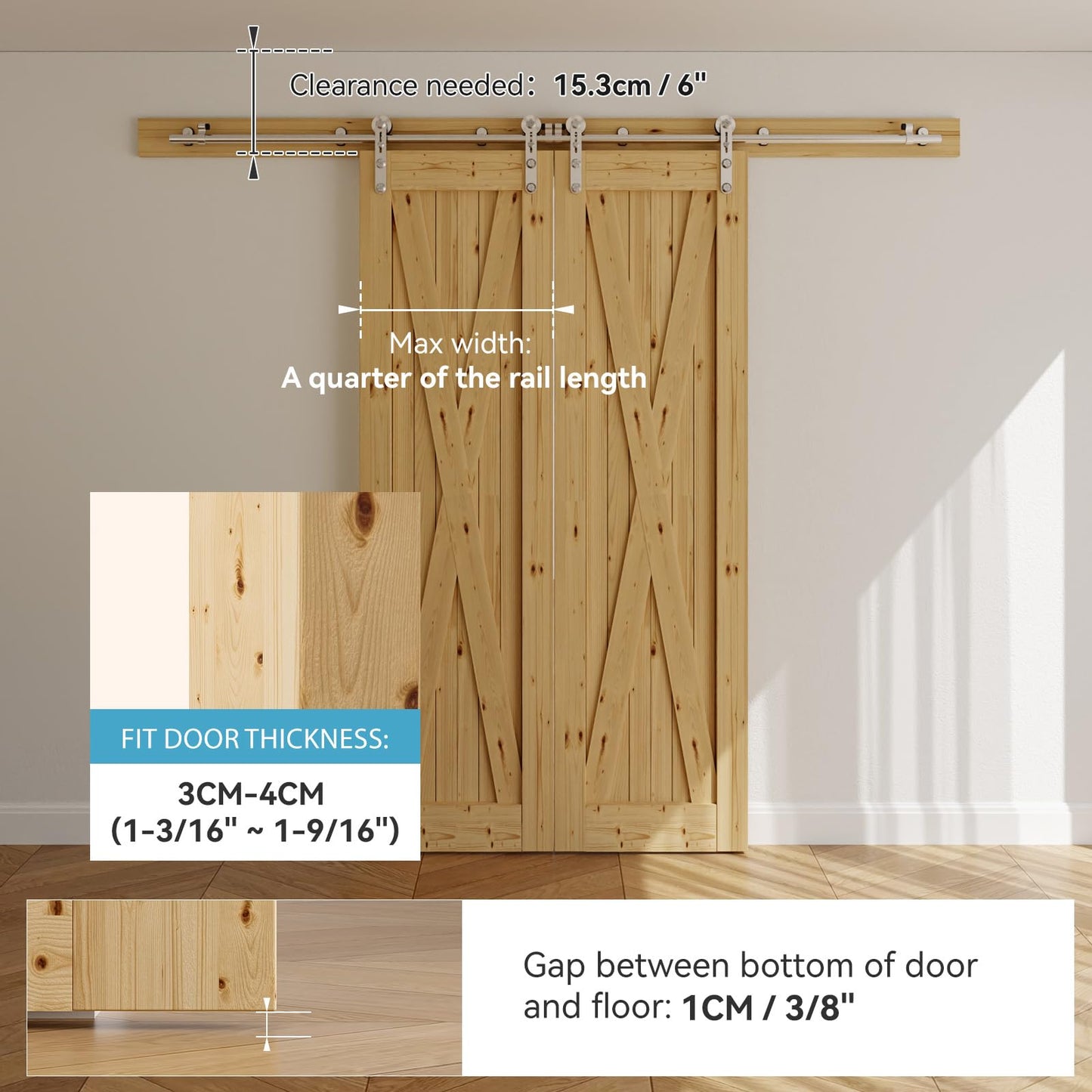 Schiebetürbeschlag Edelstahl Doppeltür 244cm Schiebetüren Schiebetürsystem Komplettset Laufschiene Rollen Set für 2 Holztür 61cm Breit, I Form