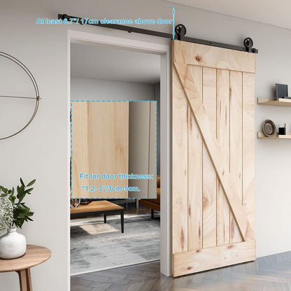 Schiebetürbeschlag 173cm Schiebetüren Schiebetürsystem Komplettset Laufschiene Rollen Set Schwarz für 1 Holztür 86cm Breit, Mittlere Rolle in T-Form