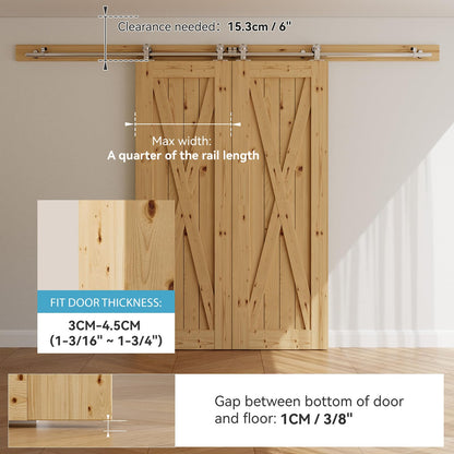 Schiebetürbeschlag Edelstahl Doppeltür 305cm Schiebetüren Schiebetürsystem Komplettset Laufschiene Rollen Set für 2 Holztür 76cm Breit, T Form