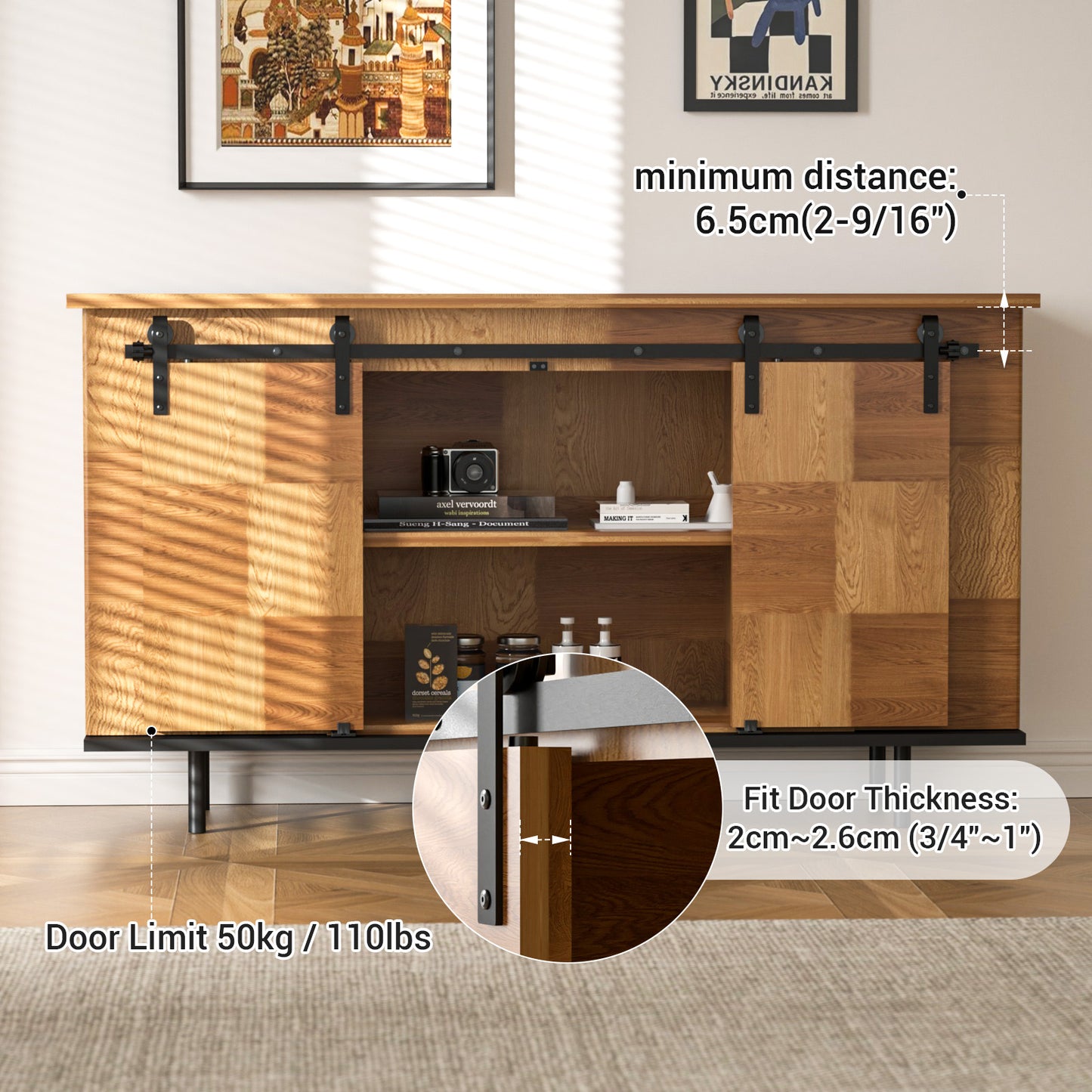 5.5FT/168cm Mini Schiebetür-Hardware-Kit für Doppeltüren TV-Ständer, Kleiner Kleiderschrank (Keine Schranktür)