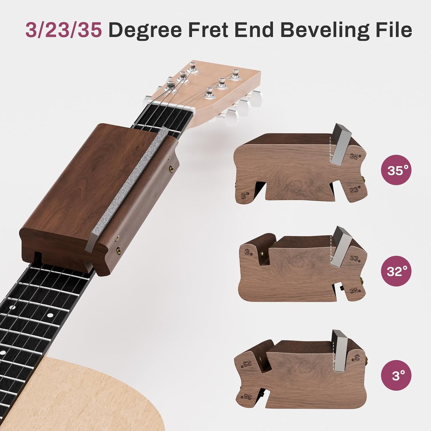BONIKLUBA Guitar Fret End Beveling File,3 in 1 Guitar Bass Fret End Dressing,3/23/35 Degree Guitar Fret Crowning End Bevel File Tools
