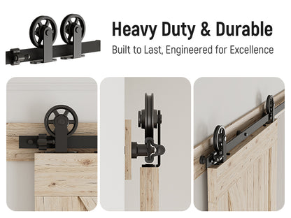 Schiebetürbeschlag 203cm Schiebetüren Schiebetürsystem Komplettset Laufschiene Rollen Set Schwarz für 1 Holztür 101cm Breit, Mittlere Rolle in T-Form
