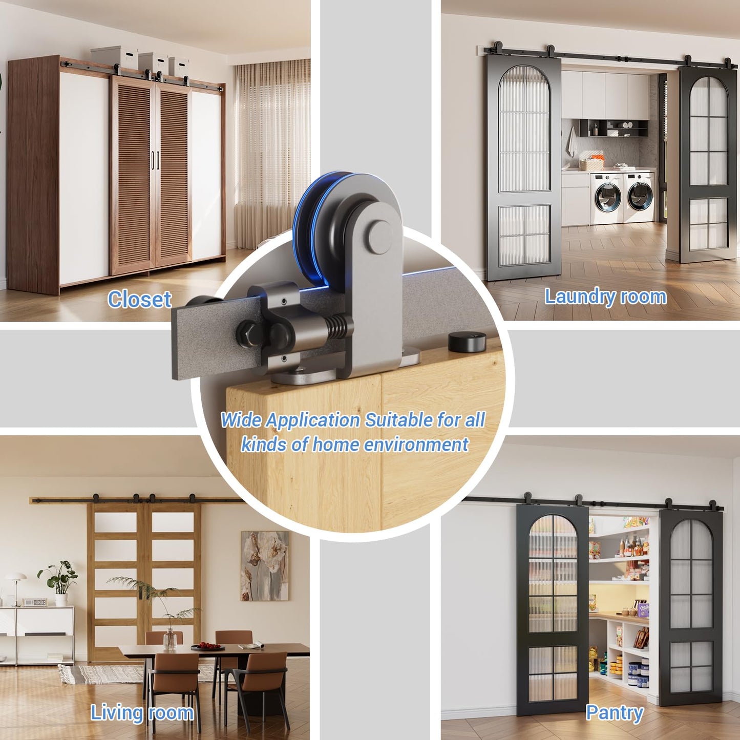 Schiebetürbeschlag Doppeltür 244cm Schiebetüren Schiebetürsystem Komplettset Laufschiene Rollen Set Schwarz für 2 Holztür 61cm Breit, Kleine Rolle in T-Form