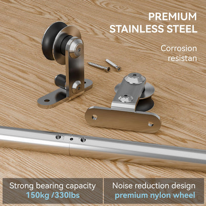 Schiebetürbeschlag Edelstahl 152cm Schiebetüren Schiebetürsystem Komplettset Laufschiene Rollen Set für 1 Holztür 76cm Breit, T Form