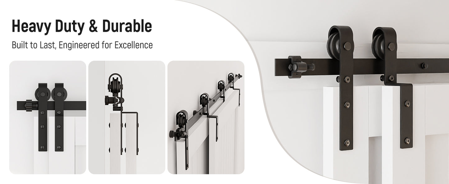 Schiebetürbeschlag Bypass Doppeltür 12.6FT/386CM Schiebetüren Schiebetürsystem Komplettset Laufschiene Rollen Set Schwarz für 2 Holztür 186cm Breit, J-Form