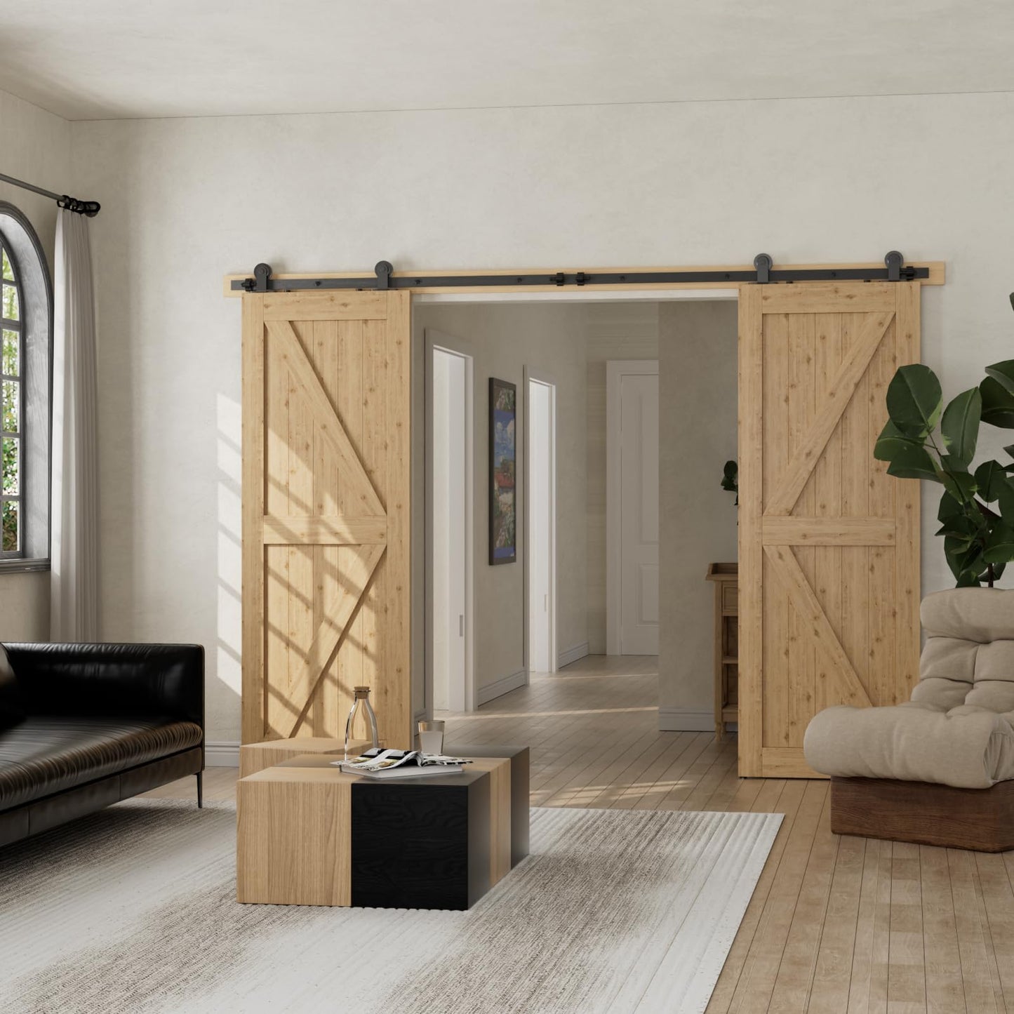 Schiebetürbeschlag Doppeltür 244cm Schiebetüren Schiebetürsystem Komplettset Laufschiene Rollen Set Schwarz für 2 Holztür 61cm Breit, Kleine Rolle in T-Form