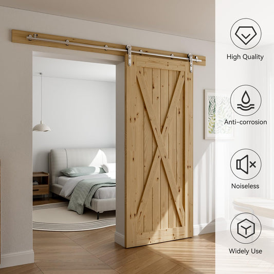 Schiebetürbeschlag Edelstahl 152 cm, Schiebetürsystem Komplettset mit Laufschiene und Rollen für 1 Holztür bis 76 cm Breite, I-Form