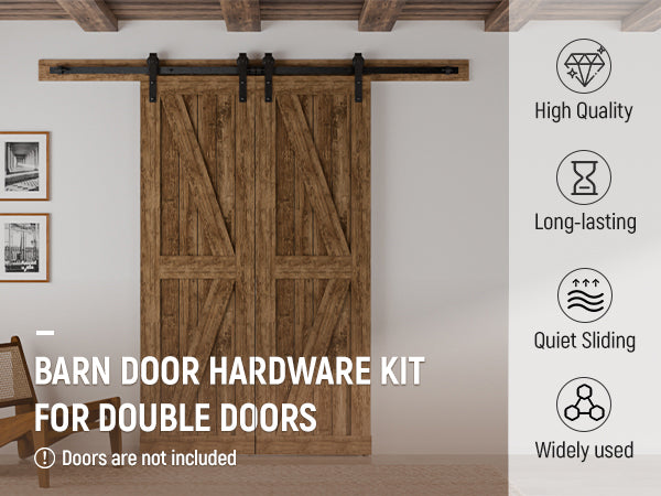 Schiebetürbeschlag Doppeltür 244cm Schiebetüren Schiebetürsystem Komplettset Laufschiene Rollen Set Schwarz für 2 Holztür 61cm Breit, Kleine Rolle in J-Form