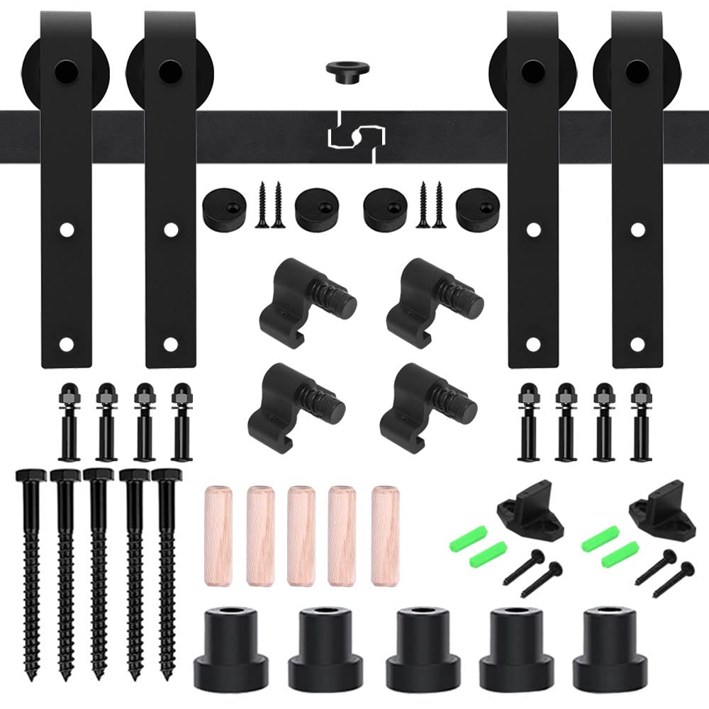 Schiebetürbeschlag Doppeltür 396cm Schiebetüren Schiebetürsystem Komplettset Laufschiene Rollen Set Schwarz für 2 Holztür 99cm Breit, Kleine Rolle in J-Form