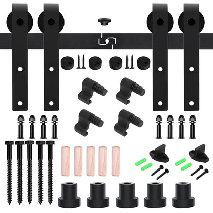 Schiebetürbeschlag Doppeltür 396cm Schiebetüren Schiebetürsystem Komplettset Laufschiene Rollen Set Schwarz für 2 Holztür 99cm Breit, Kleine Rolle in J-Form
