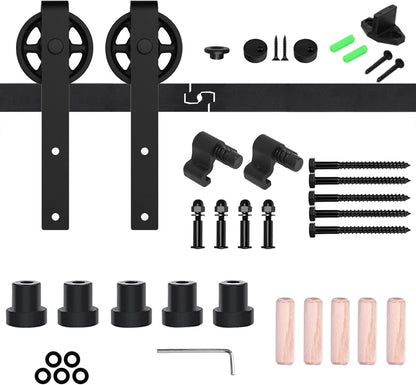 Schiebetürbeschlag 244cm Schiebetüren Schiebetürsystem Komplettset Laufschiene Rollen Set Schwarz für 1 Holztür 122cm Breit, Mittlere Rolle in J-Form