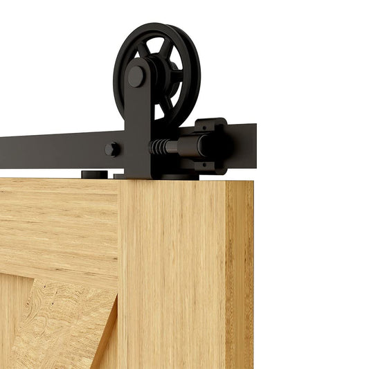 Schiebetürbeschlag 183cm Schiebetüren Schiebetürsystem Komplettset Laufschiene Rollen Set Schwarz für 1 Holztür 91cm Breit, Mittlere Rolle in T-Form