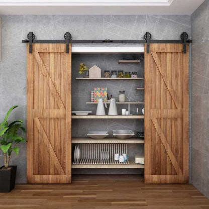 Schiebetürbeschlag Doppeltür 366cm Schiebetüren Schiebetürsystem Komplettset Laufschiene Rollen Set Schwarz für 2 Holztür 91cm Breit, Mittlere Rolle in J-Form