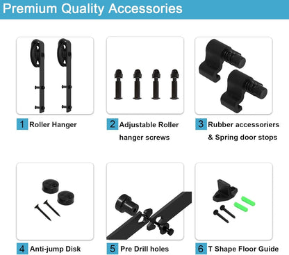 Schiebetürbeschlag 214cm Schiebetüren Schiebetürsystem Komplettset Laufschiene Rollen Set Schwarz für 1 Holztür 107cm Breit, Mittlere Rolle in J-Form