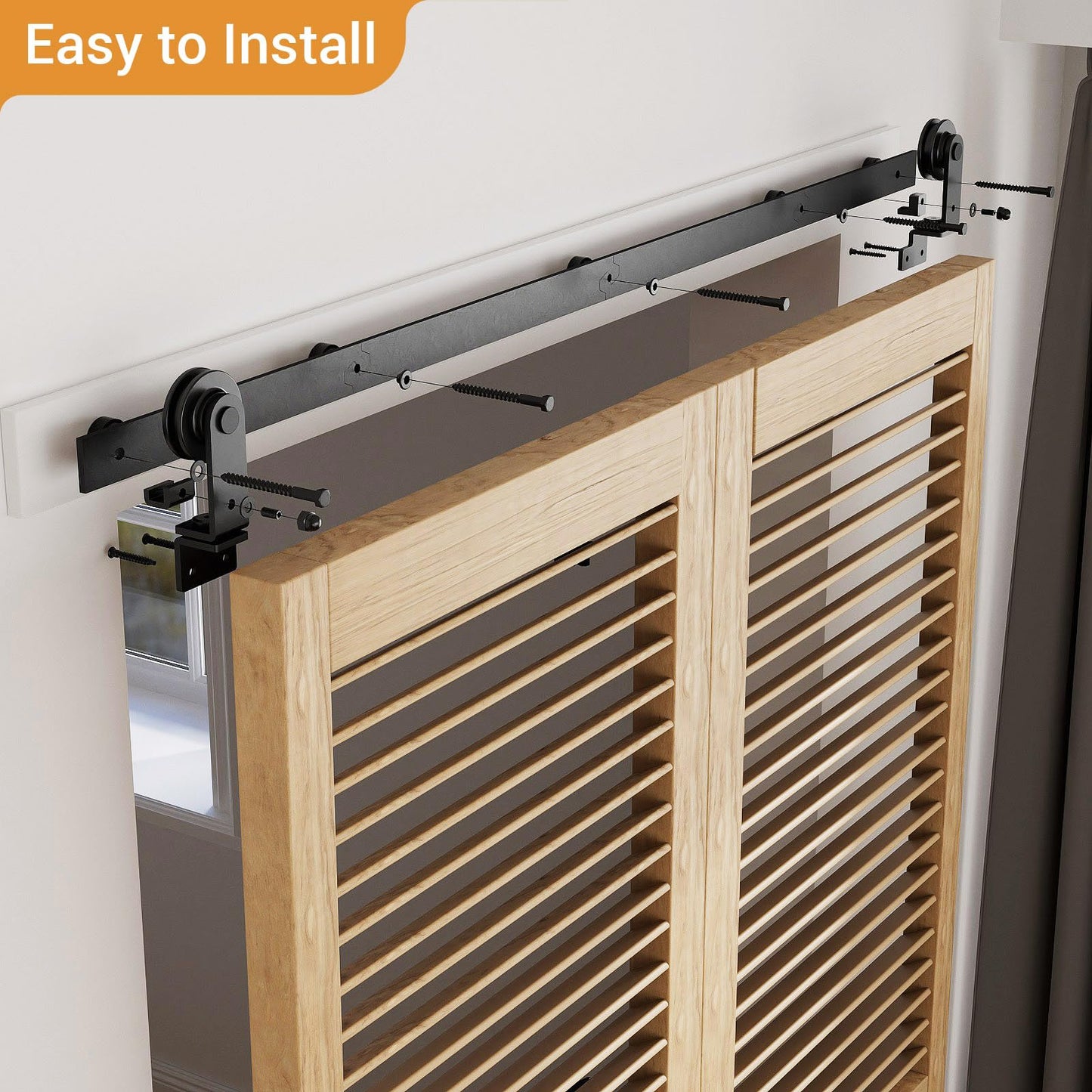 76.3cm/2.5FT Bifold Schiebetürbeschlag Schiebetüren Schiebetürsystem Komplettset Laufschiene Rollen Set Schwarz für 2 Holztür 35cm Top Mount T Rad