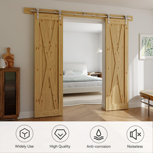 Edelstahl-Schiebetürbeschlag für Doppeltüren 244 cm, Komplettset Schiebetürsystem inkl. Laufschiene und Rollen für 2 Holztüren à 61 cm Breite, I-Form