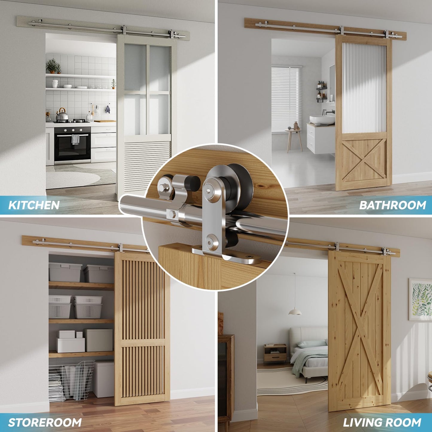 Schiebetürbeschlag Edelstahl 200cm Schiebetüren Schiebetürsystem Komplettset Laufschiene Rollen Set für 1 Holztür 100cm Breit, T Form