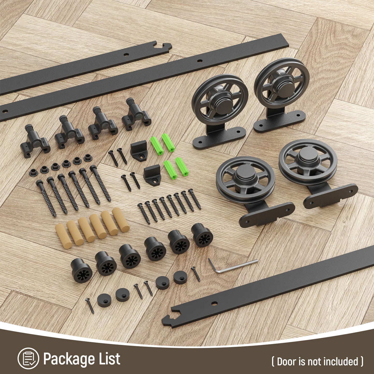 Schiebetürbeschlag Doppeltür 325cm Schiebetüren Schiebetürsystem Komplettset Laufschiene Rollen Set Schwarz für 2 Holztür 81cm Breit, Mittlere Rolle in T-Form