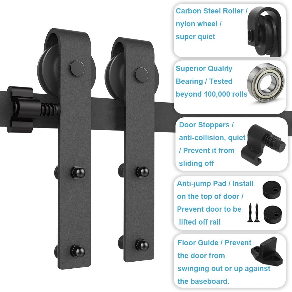 Schiebetürbeschlag Doppeltür 396cm Schiebetüren Schiebetürsystem Komplettset Laufschiene Rollen Set Schwarz für 2 Holztür 99cm Breit, Kleine Rolle in J-Form
