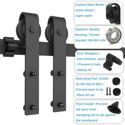 Schiebetürbeschlag Doppeltür 396cm Schiebetüren Schiebetürsystem Komplettset Laufschiene Rollen Set Schwarz für 2 Holztür 99cm Breit, Kleine Rolle in J-Form