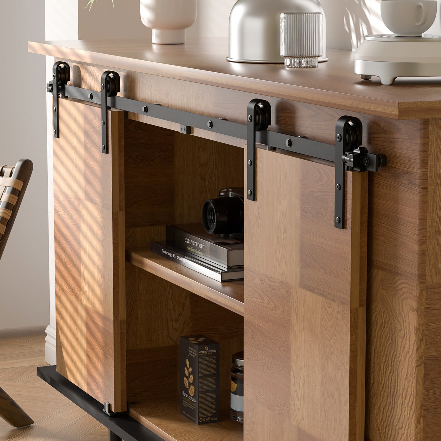 5FT/153cm Mini Schiebetür-Hardware-Kit für Doppeltüren TV-Ständer, Kleiner Kleiderschrank (Keine Schranktür)