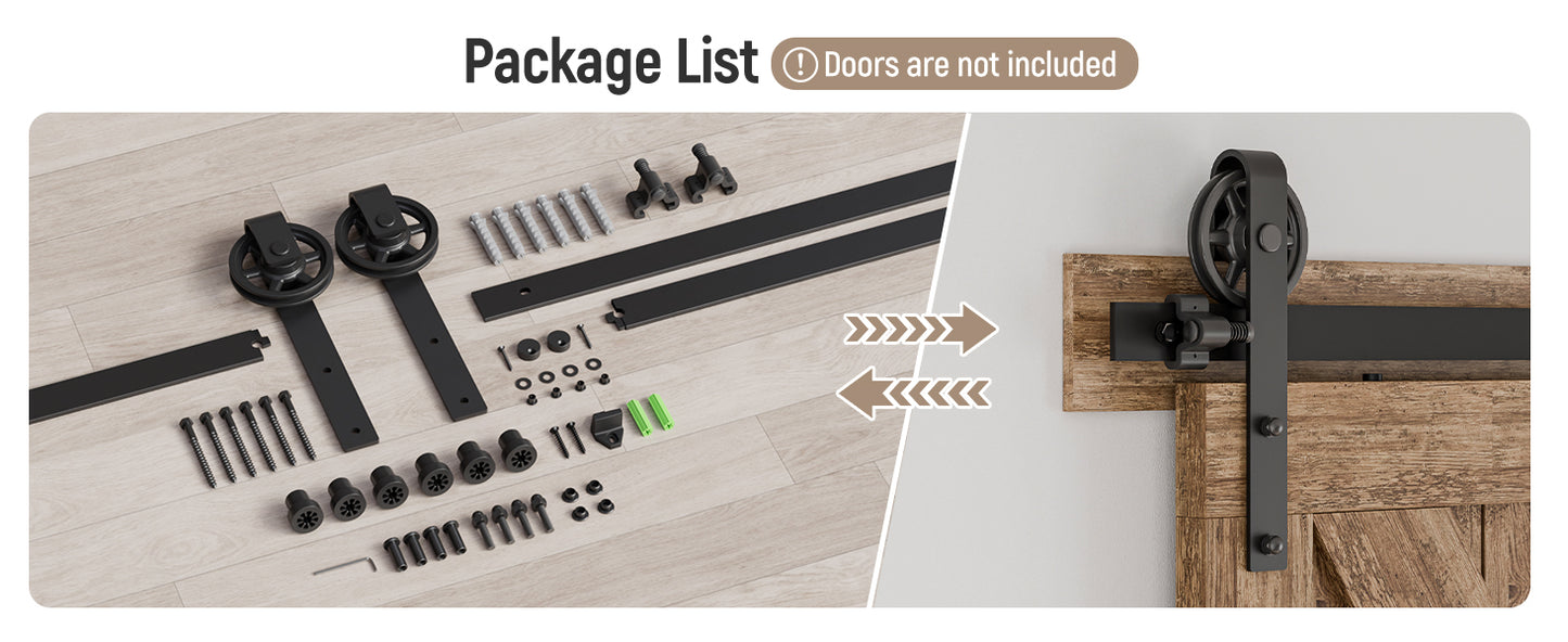 Schiebetürbeschlag 214cm Schiebetüren Schiebetürsystem Komplettset Laufschiene Rollen Set Schwarz für 1 Holztür 107cm Breit, Mittlere Rolle in J-Form