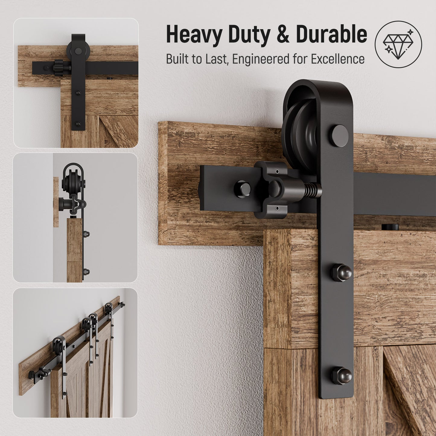 Schiebetürbeschlag Doppeltür 366cm Schiebetüren Schiebetürsystem Komplettset Laufschiene Rollen Set Schwarz für 2 Holztür 91cm Breit, Kleine Rolle in J-Form