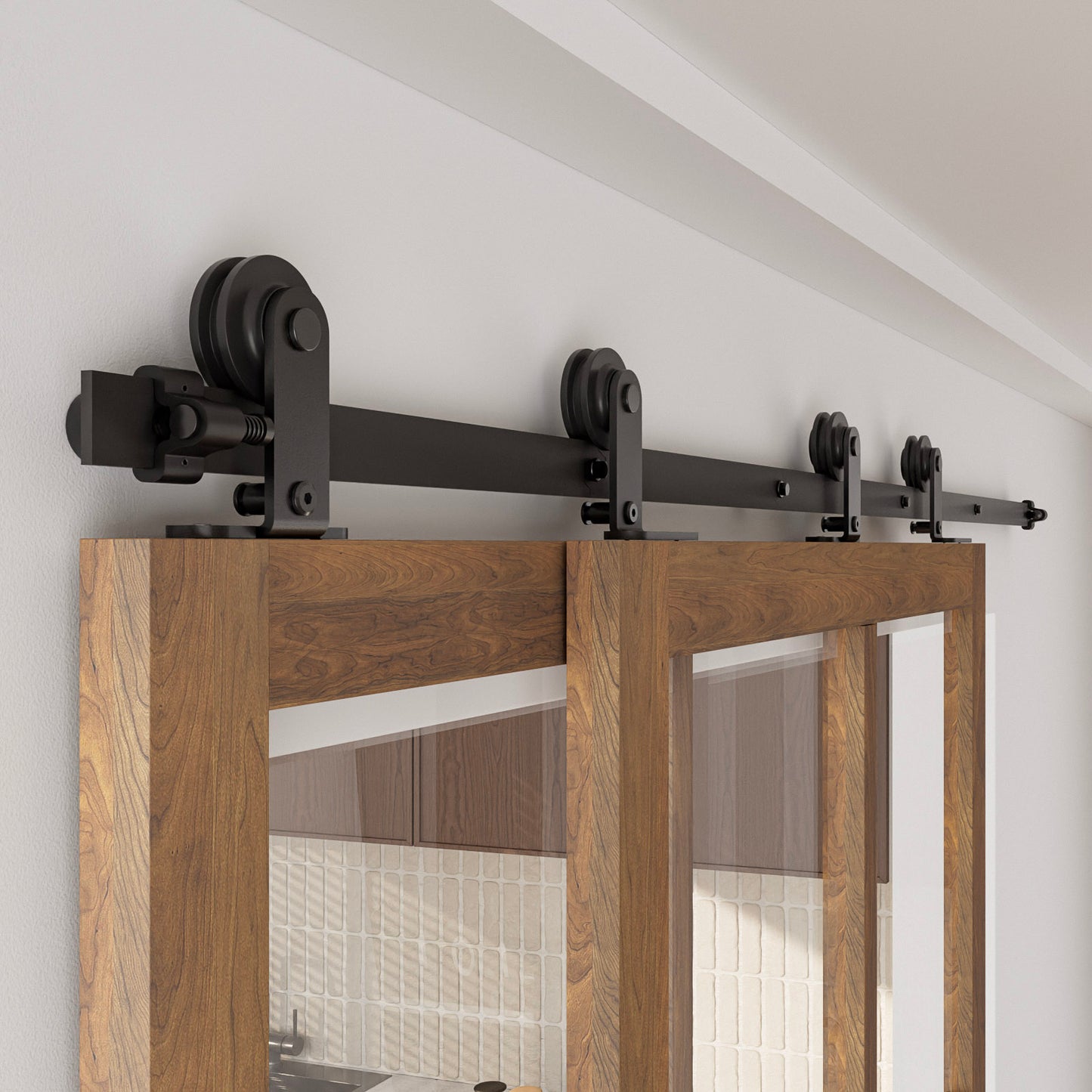 Schiebetürbeschlag Bypass Doppeltür 173cm Schiebetüren Schiebetürsystem Komplettset Laufschiene Rollen Set Schwarz für 2 Holztür 80cm Breit, T-Form